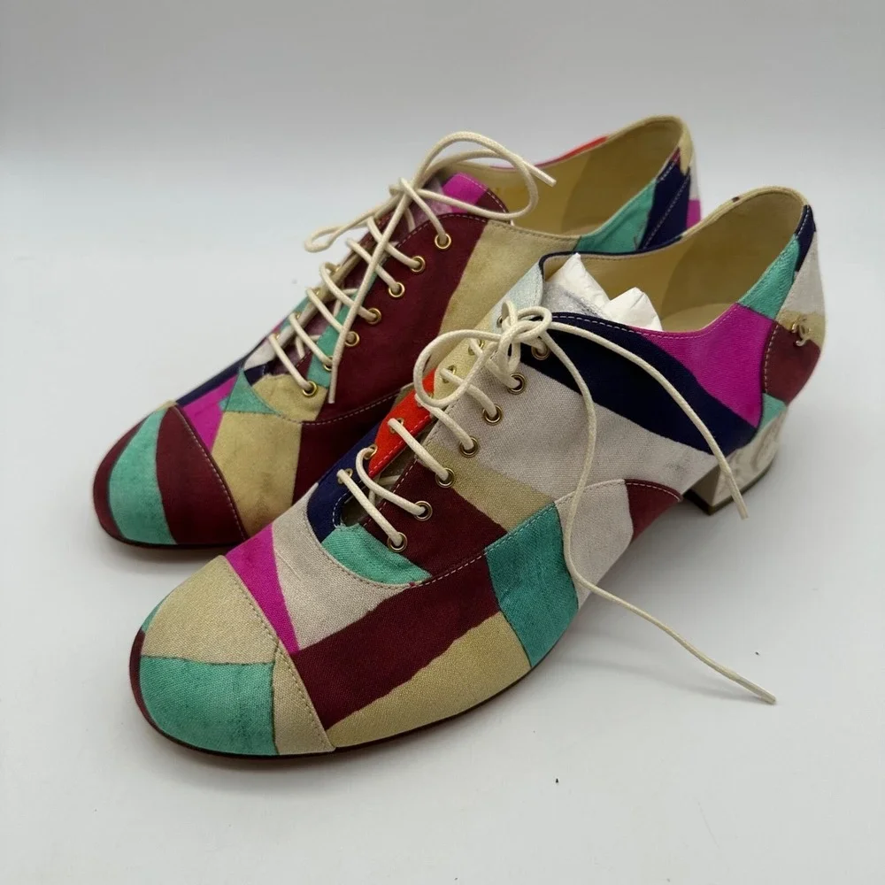NEW CHANEL‎ BROGUES SHOES CAMELIA G HEELS MULTI COLOR CANVAS G31468 Size 38.5